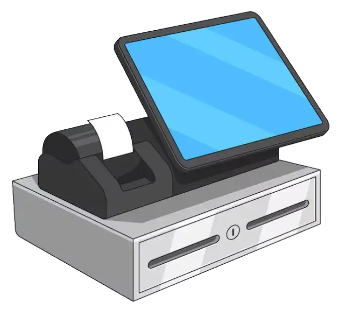 Illustrazione di una postazione POS con stampante e cassetto